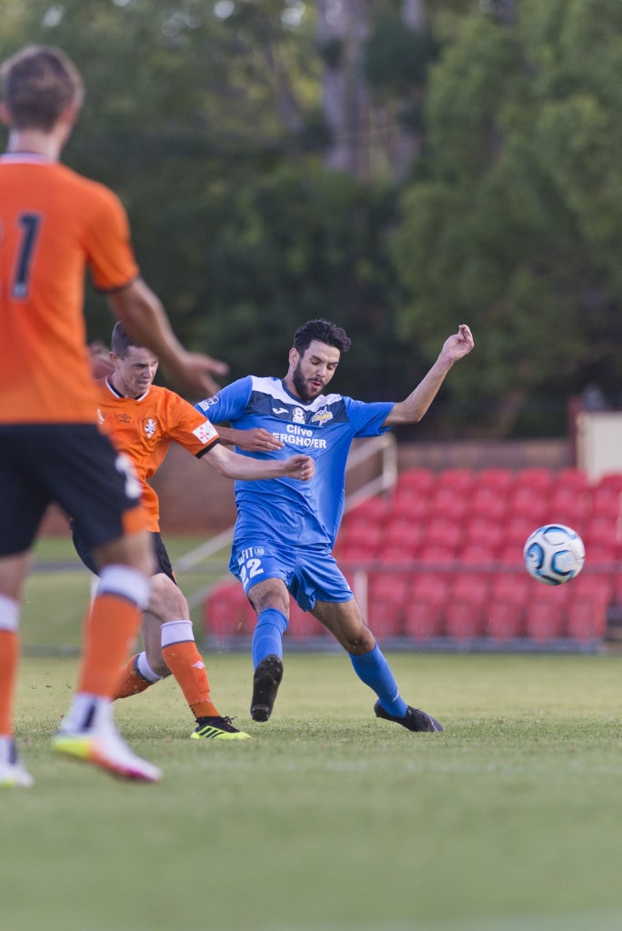 Callum Hart for South West Queensland Thunder against Brisbane Roar in NPL Queensland men round two football at Clive Berghofer Stadium, Saturday, February 9, 2019. Picture: Kevin Farmer