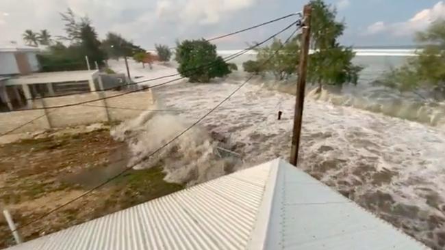 An eruption at Hunga-Tonga-Hunga-Ha'apai has caused a tsunami, with an evacuation warning in place in Tonga. Picture: Twitter/https://twitter.com/sakakimoana/status/1482218193619865600