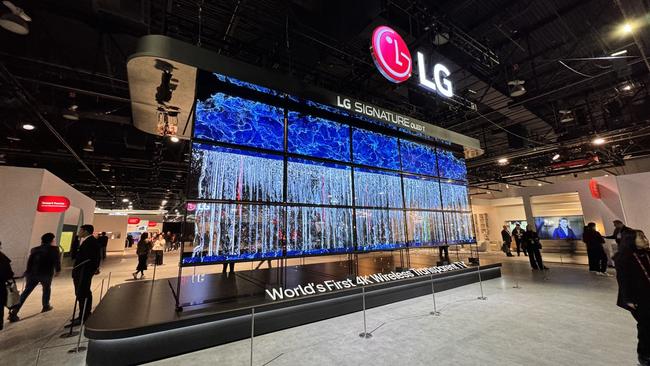 A bank of LG's new transparent TVs, which are expected to be available for sale in Australia later this year.