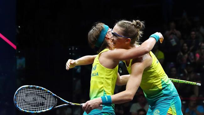 Donna Urquhart (right) and Rachael Grinham celebrate after winning bronze at the 2018 Commonwealth Games. Source: Getty Images