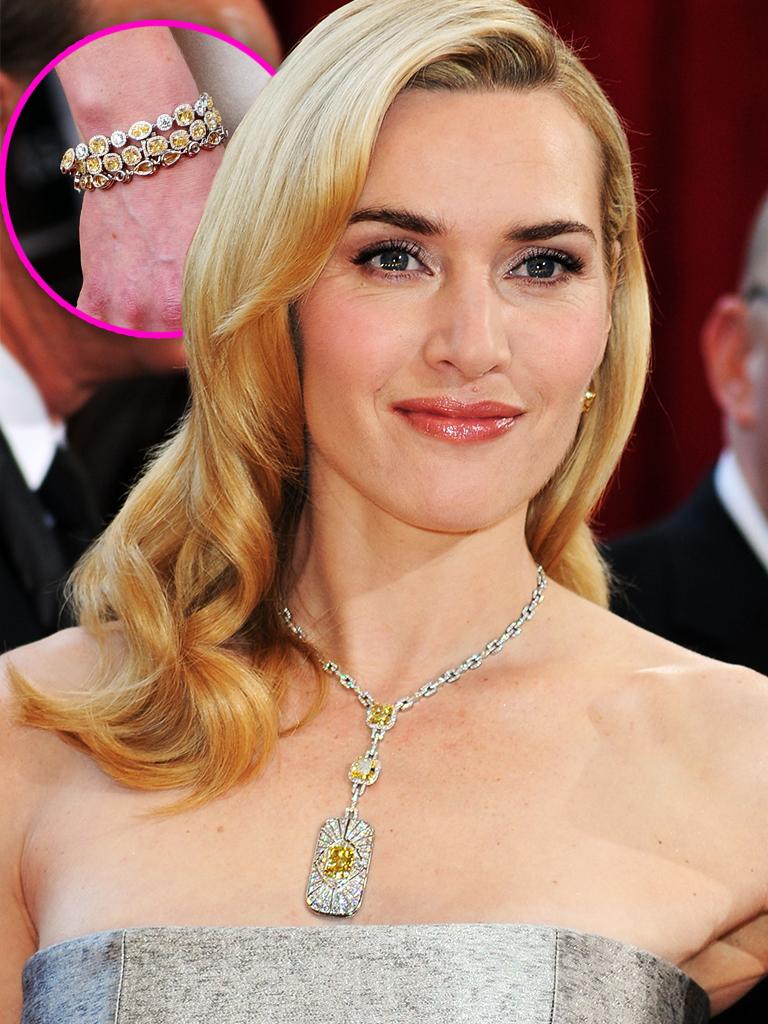 Kate Winslet arrived at the 2010 Oscars wearing an enormous and rare yellow diamond and matching earrings made by legendary jeweller Tiffany Co worth around $3.5 million. Picture: Getty