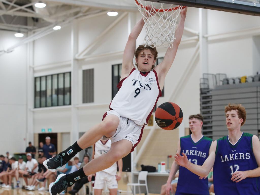 Basketball Australia Schools Championships at Carrara. Mens open final, Lake Ginninderra College Lakers V TSS (in white). Indy Cotton on fire for TSS in the final. Picture Glenn Hampson