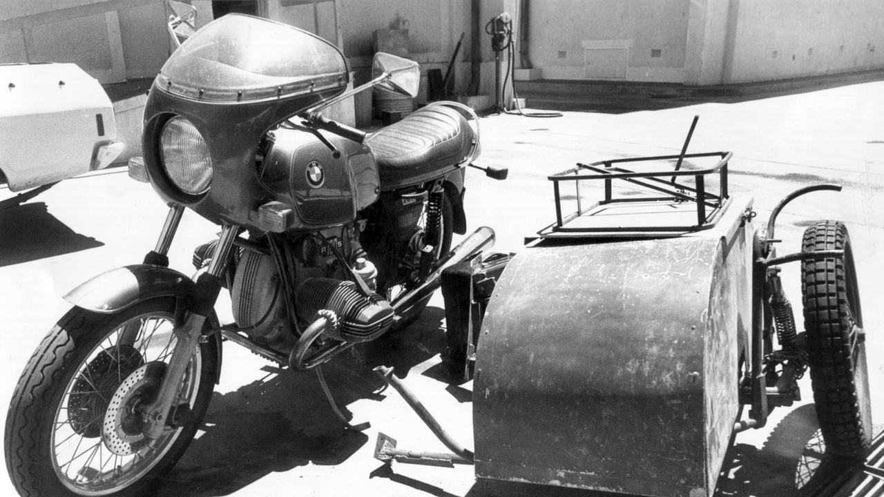 Tim Thomson’s 1977 BMW R100S motorcycle with homemade sidecar. The bike was recovered two weeks after the trio’s bodies were discovered.