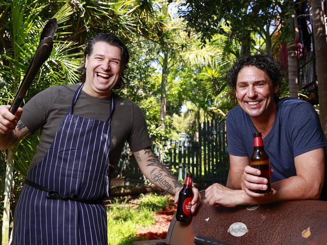 Butcher Anthony Puharich and chef Colin Fassnidge enjoying a backyard beer in Malabar, Sydney. Picture: Justin Lloyd