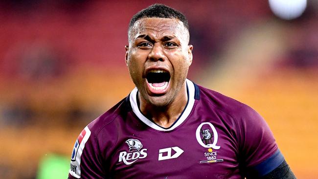 BRISBANE, AUSTRALIA - JUNE 07: Samu Kerevi of the Reds celebrates victory after the round 17 Super Rugby match between the Reds and the Blues at Suncorp Stadium on June 07, 2019 in Brisbane, Australia. (Photo by Bradley Kanaris/Getty Images)