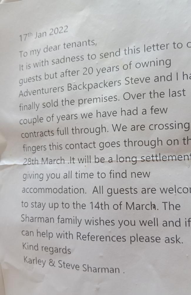 A letter sent to guests at Townsville's Adventurers Backpackers Resort on Tuesday. Picture: Supplied