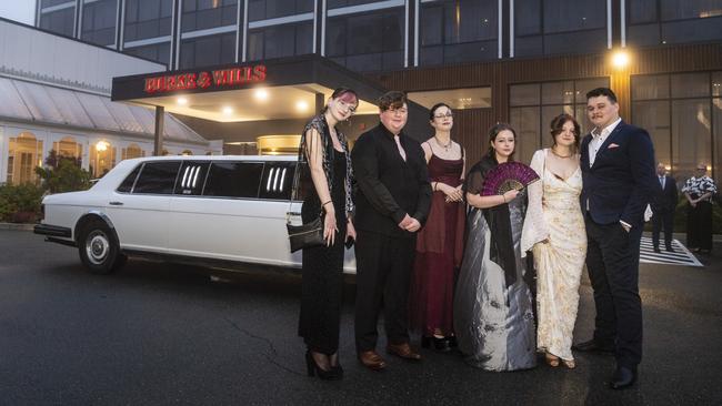 Arriving in a limo are (from left) Eddie Edwards-Mears, Kyan Gough, Sarah Mitchell, Zara Gray, Erika Smith and Garrett Gulliver at the Toowoomba Flexi School formal at Burke and Wills Hotel, Thursday, October 20, 2022. Picture: Kevin Farmer