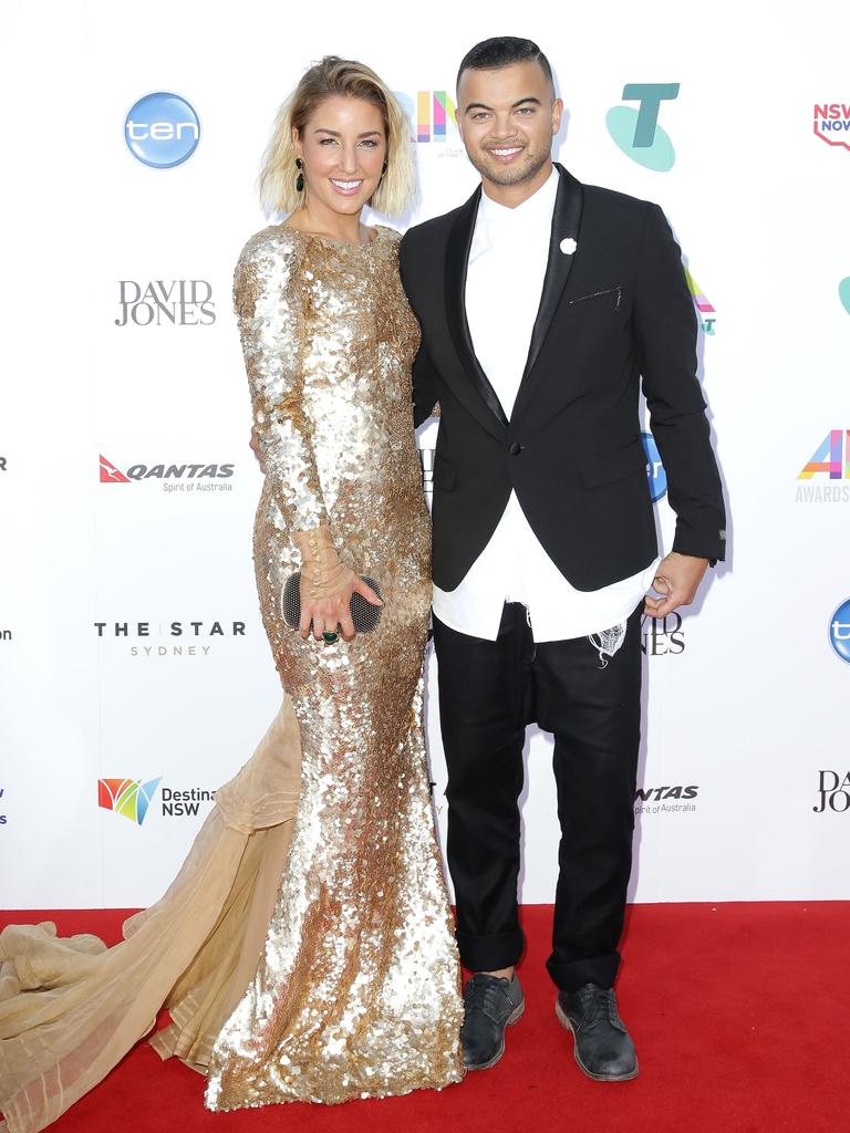 Jules and Guy Sebastian arrive on the red carpet at the ARIA Awards 2014 in Sydney, Australia. Picture: Getty