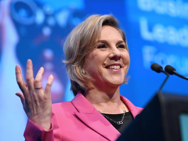 Tesla chair Robyn Denholm addresses the QUT Business Leaders Forum in Brisbane on Wednesday. Picture: Lyndon Mechielsen