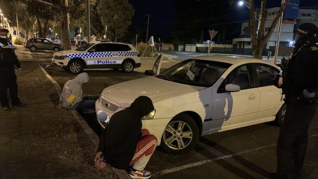 Two men were arrested outside the Keilor Plains Railway Station after allegedly attempting to sell stolen goods from the back of a car on June 19. Picture: Victoria Police.