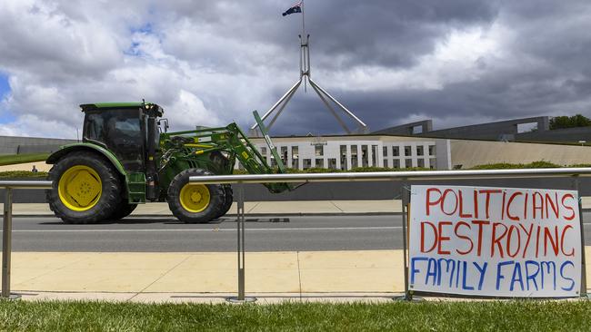 A tractor parked near the ‘Can the Murray-Darling Basin Plan’ rally held outside Parliament House in Canberra in December, 2019. Picture: AAP / Lukas Coch