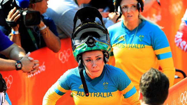 Caroline Buchanan crashes and is out of the competition on Finals day of the Rio Olympics 2016 BMX event at the Olympic BMX Centre. Picture: Adam Head