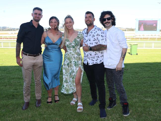 MELBOURNE, AUSTRALIA - MARCH 15 2024 Jordan Hancock, Steph Dooley, Chelsea Konigson, Dimitrios Deske and Luke Konigson attend the 2024 Pakenham Cup Picture: Brendan Beckett