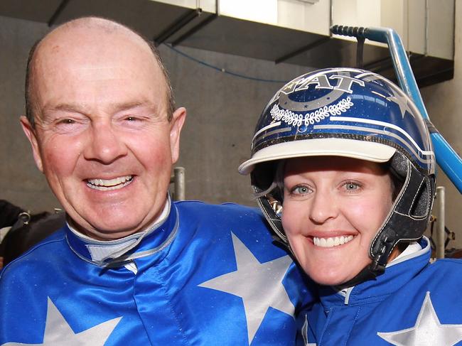 CHRISTCHURCH, NEW ZEALAND - NOVEMBER 08: Mark Purdon and Natalie Rasmussen of the All Stars stable embrace after finishing first & second in Race 7 Sires Stakes during New Zealand Trotting Cup Day at Addington Raceway on November 8, 2016 in Christchurch, New Zealand. (Photo by Martin Hunter/Getty Images)