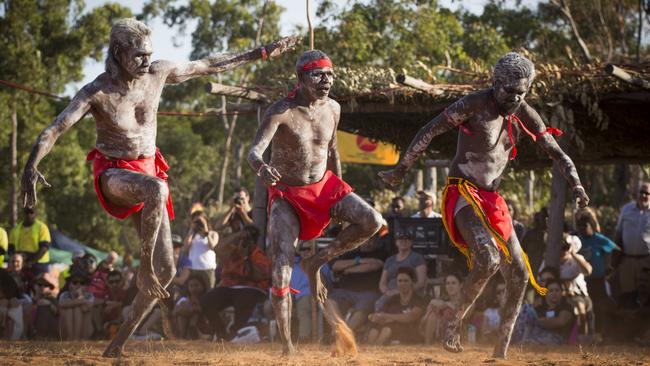 Dancers in action at the Garma Festival in Arnhem Land yesterday. Picture: Peter Eve