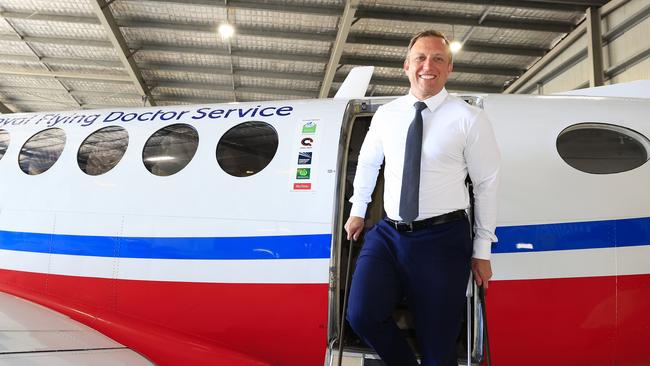 Queensland Premier Steven Miles visits the Royal Flying Doctor Service hangar in Cairns on Monday. Picture: Adam Head