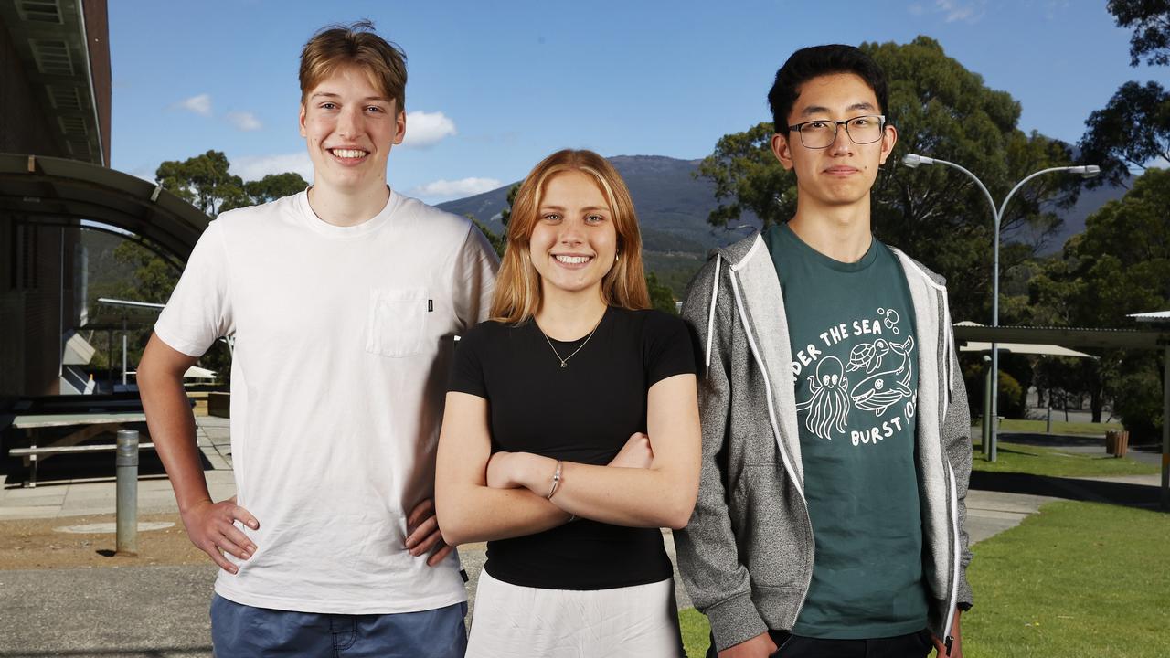 Addie Hawkes 17 who scored 99.90, Hannah Wigston 18 who scored 99.85, Jacob Ren 17 who scored 99.95 which is the highest ATAR score possible. Some of the top TCE performers at Hobart College. Picture: Nikki Davis-Jones