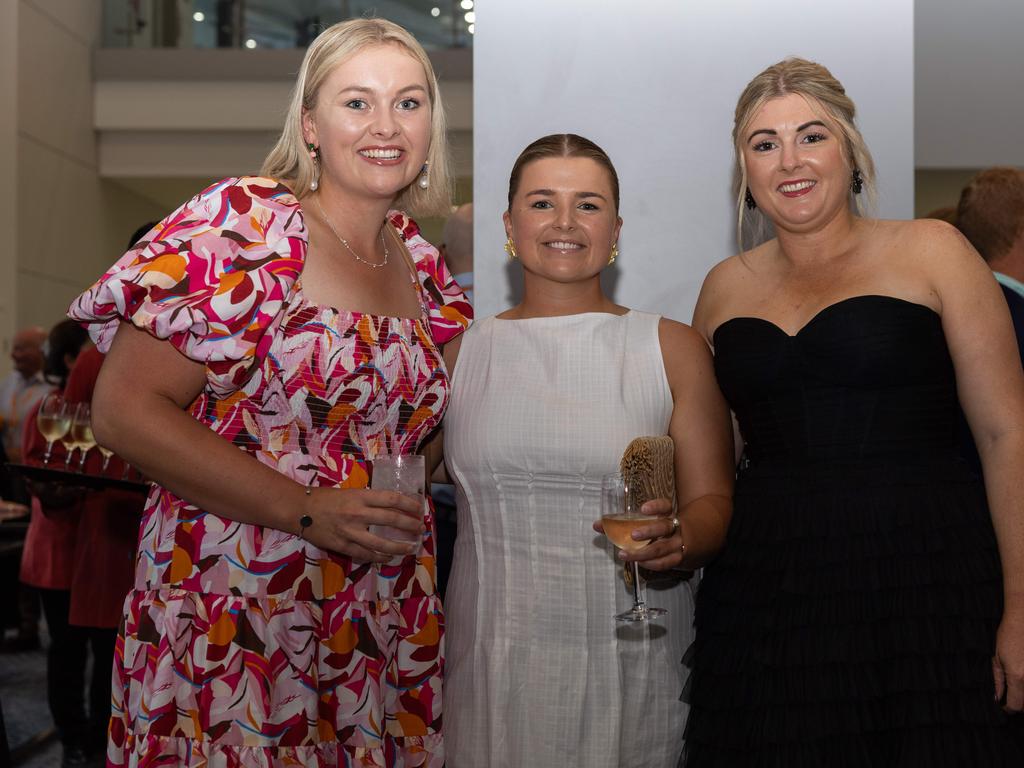 Jaz Stewart, Zara Warby and Brooke OÃ&#149;Kane at the 2025 NTCA and AACo Gala Dinner at the Darwin Convention Centre. Picture: Pema Tamang Pakhrin