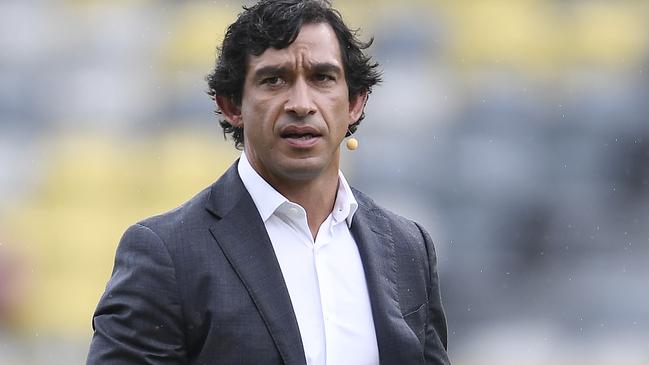 Television commentator Johnathan Thurston on the field at Queensland Country Bank Stadium. Photo by Ian Hitchcock/Getty Images.