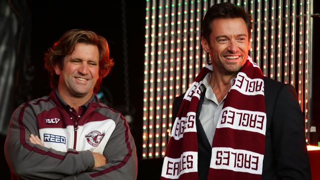 Manly coach Des Hasler and Hollywood star Hugh Jackman, who is a mssive Sea Eagles fan. Picture: Matt King/Getty Images