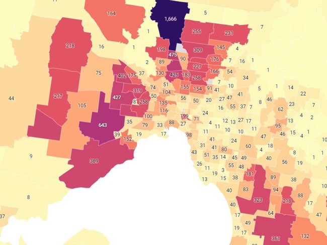 Victorian active Covid-19 cases by postcode. Picture: Twitter/@covidbaseau