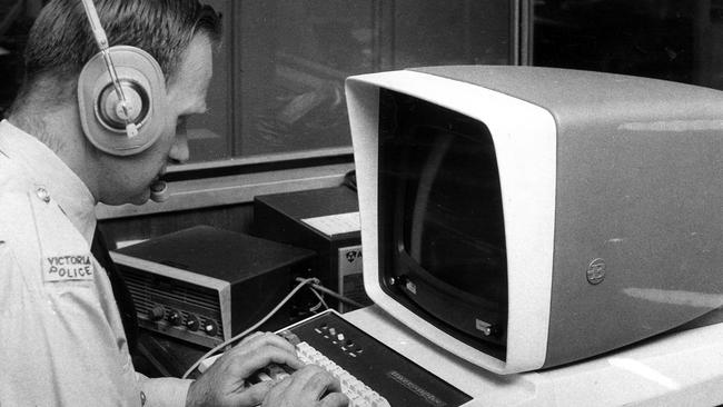 October 1971: A policeman uses a new computer to assist parol vehicles to identify stolen cars. Picture: Herald Sun