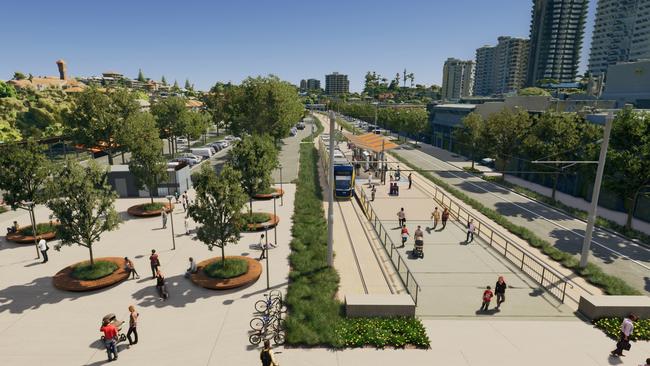 Artist impression of Gold Coast Light Rail Stage 4 between Tugun and Coolangatta, including Gold Coast Airport and the NSW border. Picture: Department of Transport and Main Roads.