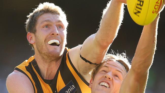 Hawthorn ruckman Ben McEvoy wins a ruck tap. Picture: Michael Klein