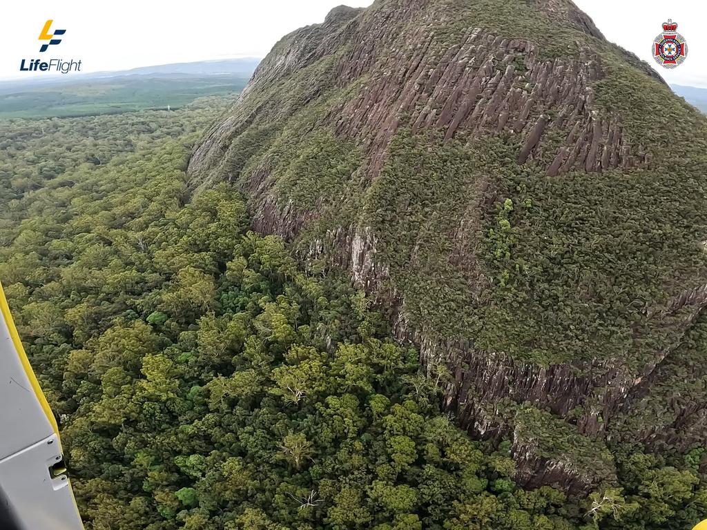 A hiker was winched to safety from Mt Beerwah in the Glasshouse Mountains after reportedly suffering a broken ankle. Photo: LifeFlight