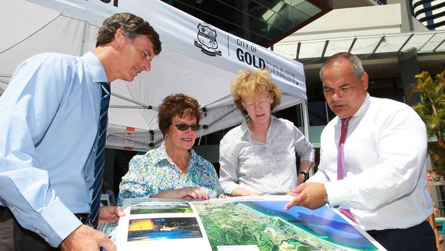 Flashback: Early surveying in Coolangatta on light rail — from left to right, Greg Betts when Burleigh councillor, Daphne McDonald, then-southern councillor Chris Robbins and Mayor Tom Tate. Picture by Scott Fletcher