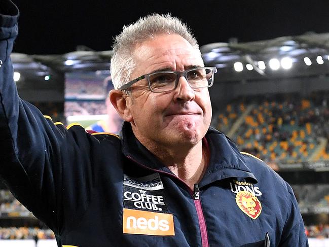 BRISBANE, AUSTRALIA - AUGUST 04: Coach Chris Fagan of the Lions celebrates victory after the round 20 AFL match between the Brisbane Lions and the Western Bulldogs at The Gabba on August 04, 2019 in Brisbane, Australia. (Photo by Bradley Kanaris/AFL Photos via Getty Images )