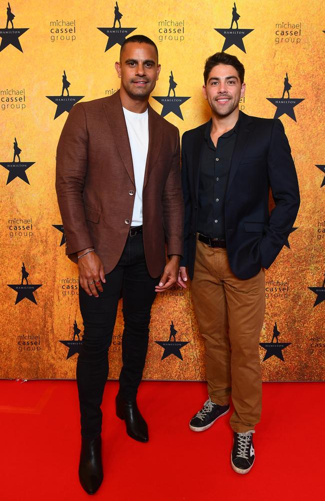 Casey Conway (left) and Patrick Busby attend the opening night of Hamilton at the Lyric Theatre at QPAC on January 31, 2023 in Brisbane, Australia. Picture: Jono Searle/Getty Images