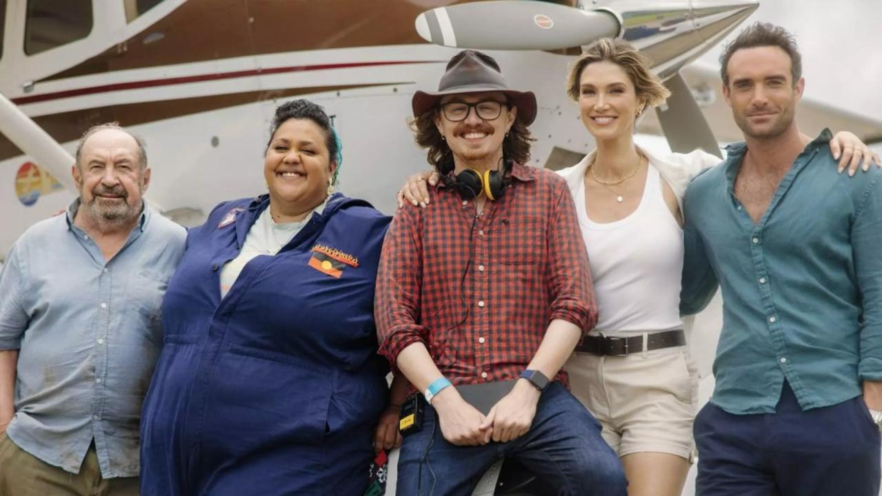 Billing, Steph Tisdell, director Adrian Powers, Delta Goodrem and Joshua Sasse on the set of Love is in the Air, at Whitsunday Airport Shute Harbour. Picture: David Fell, courtesy of Jaggi Entertainment.