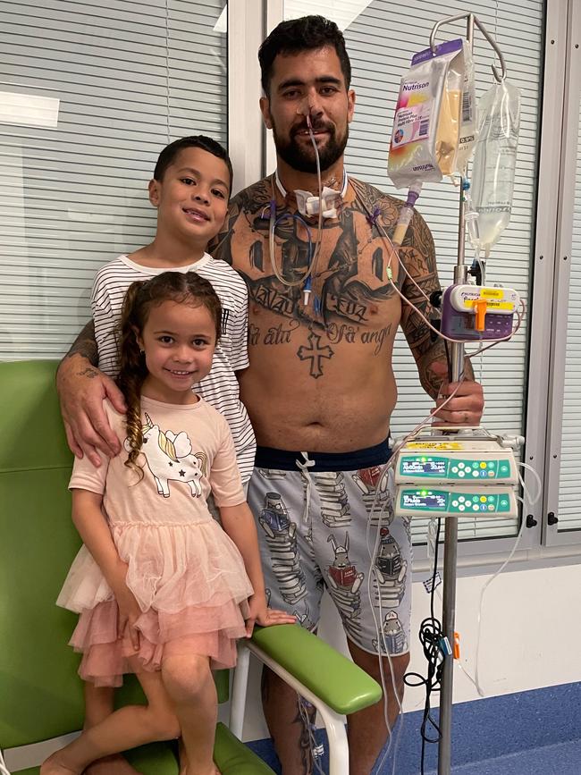 Andrew Fifita pictured with his children Lyla and Ljay after a successful laryngeal surgery.