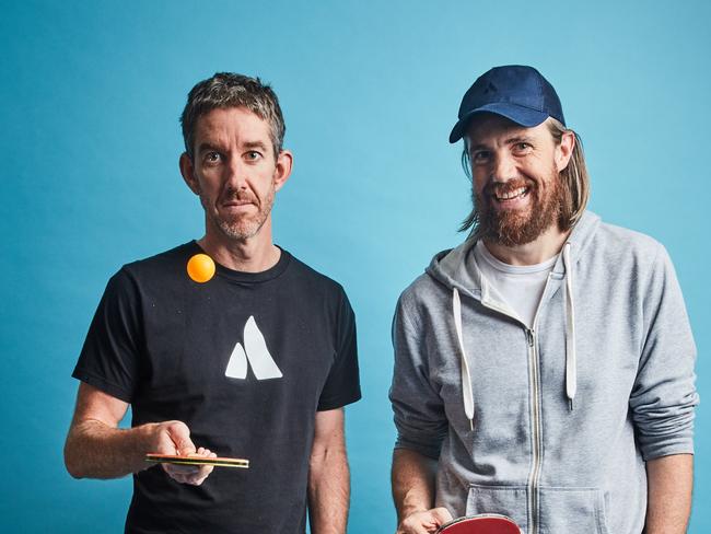 Mike Cannon-Brookes (baseball cap) and fellow founder of Atlassian, Scott Farquhar pictured together in their Sydney HQ