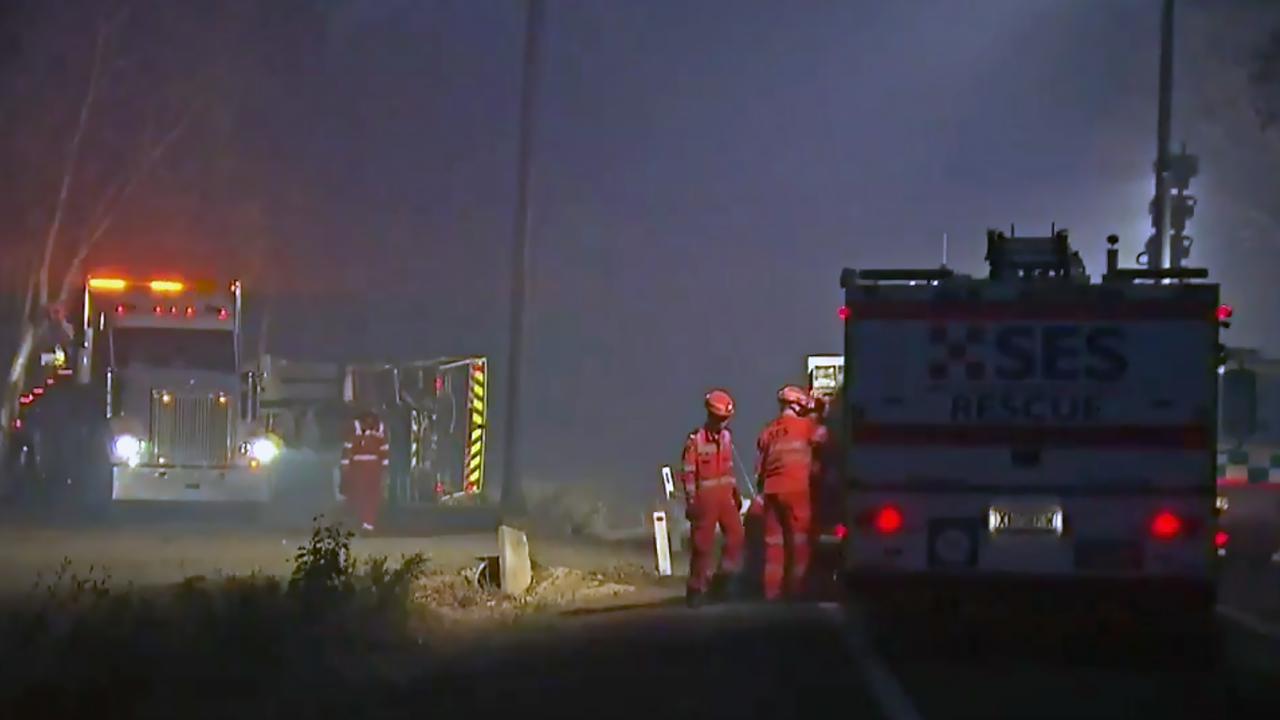 The scene where two volunteers firefighters lost their lives after their truck rolled during operations on the frontline in Buxton. Picture: Nine News