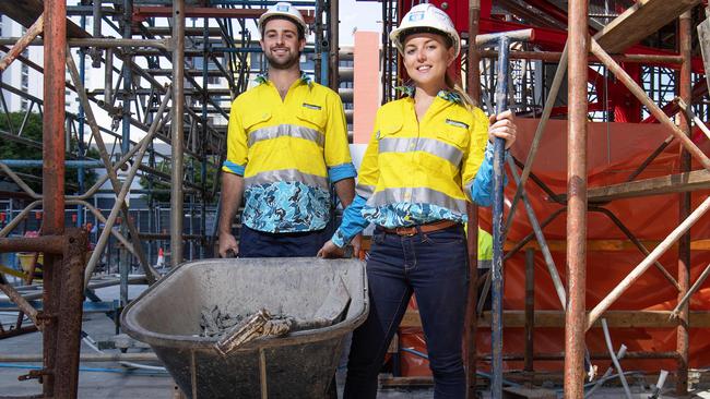 Hutchinson Builders contracts administrator Letitia Wing and site engineer Chris Jenour are encouraging construction workers to talk about mental health. Picture: KERI MEGELUS