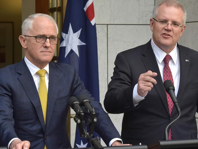 Scott Morrison (R) speaking beside then-Prime Minister Malcolm Turnbull. Picture: AFP