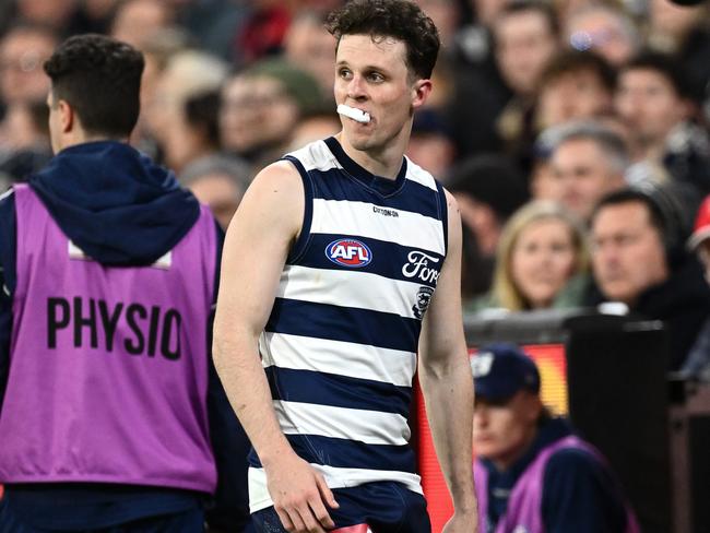 Max Holmes finished the game on the bench. Picture: Quinn Rooney/Getty Images