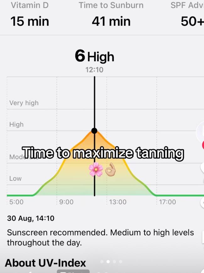 A Tik Tok advising people to tan in high UV conditions.