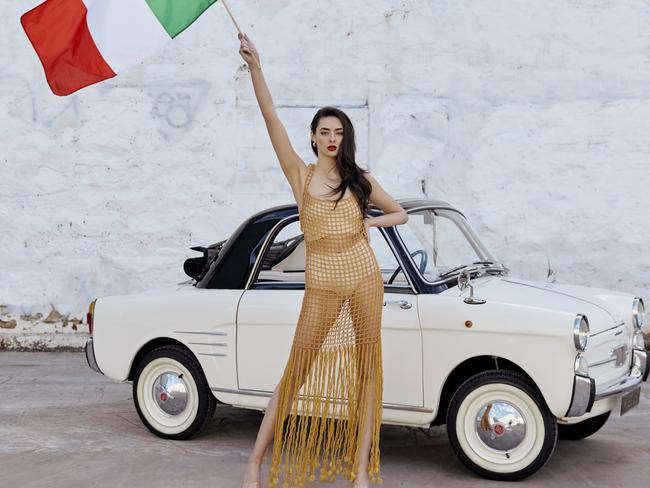 Georgia from Finesse Models in the pasta dress created by Adelaide Italian Festival Ambassador Cristina Trident. Picture: Weronika Mamot