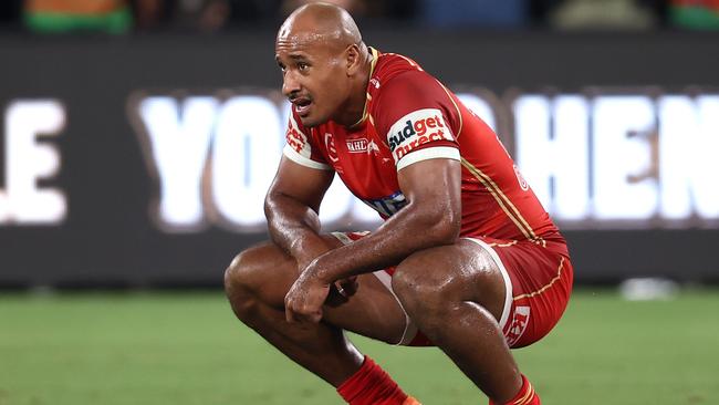 SYDNEY, AUSTRALIA - MARCH 07: Felise Kaufusi of the Dolphins reacts at full time during the round one NRL match between the Dolphins and South Sydney Rabbitohs at CommBank Stadium on March 07, 2025, in Sydney, Australia. (Photo by Jason McCawley/Getty Images)