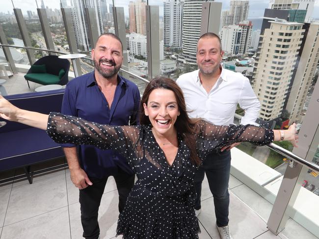 Nineteen at the Star rooftop bar and restaurant hospitality dream team Billy Cross and Jackie Cross with Simon Gloftis (far left). Picture: Glenn Hampson.