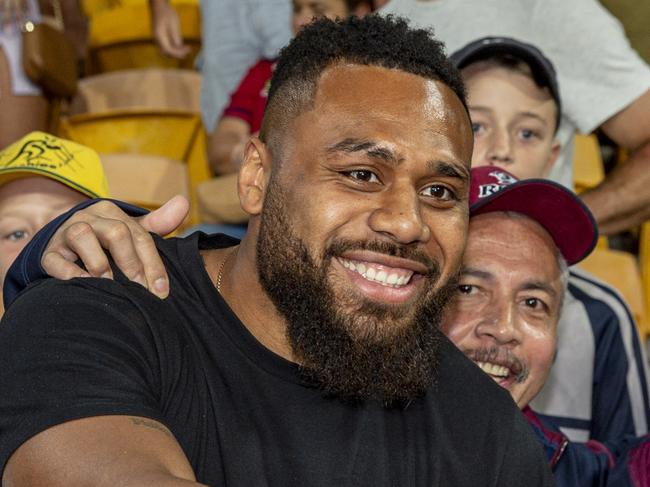 Former Reds captain Samu Kerevi meeting coach Brad Thorn at Reds-Bulls game at Suncorp Stadium. Photo: Brendan Hertel, QRU