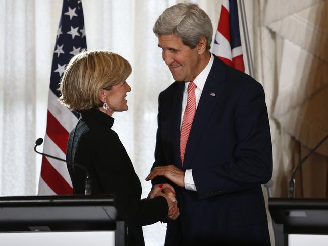 Foreign Minister Julie Bishop and US Secretary of State John Kerry at a press conference in Sydney. Picture: Tim Hunter.