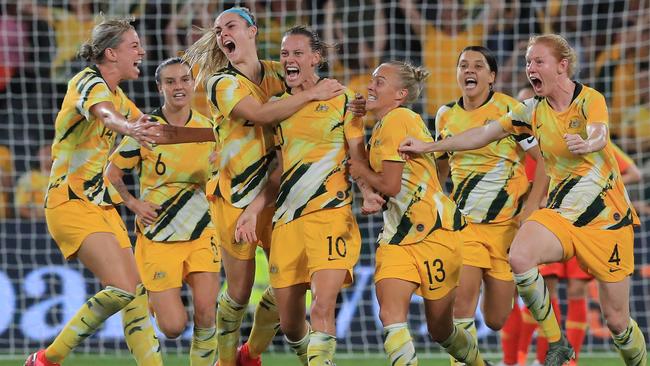 The Matildas celebrate an Emily van Egmond goal during the Women's Olympic Football Tournament Qualifier between Australia and China PR at Bankwest Stadium on February 13, 2020 in Sydney. Picture: Mark Evans/Getty Images