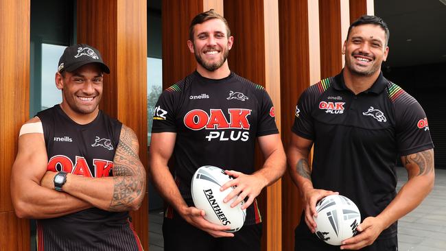 Zane Tetevano (right) with fellow Panthers recruits Apisai Koroisau and Kurt Capewell ahead of Penrith’s NRL season opener against the Sydney Roosters. Picture: Brett Costello