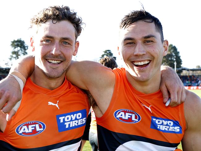 Harry Perryman in his 100th game with Isaac Cumming after the win during the AFL Round 19 match between the GWS Giants and Gold Coast Suns at Manuka oval, Canberra on July 22, 2023. Photo by Phil Hillyard(Image Supplied for Editorial Use only - **NO ON SALES** - Â©Phil Hillyard )