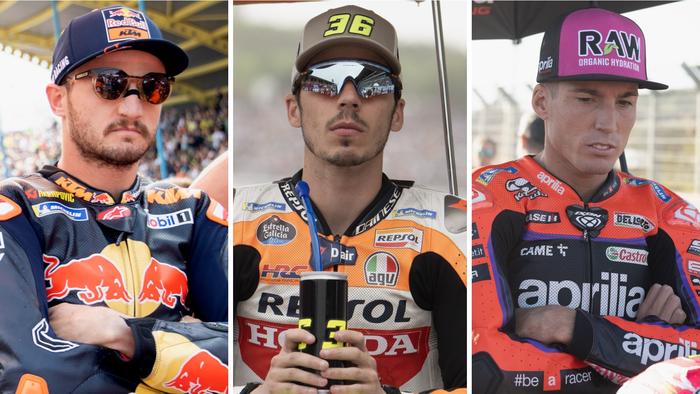 (left to right) KTM's Jack Miller, Honda's Joan Mir and Aprilia's Aleix Espargaro are all MotoGP free agents for 2025.