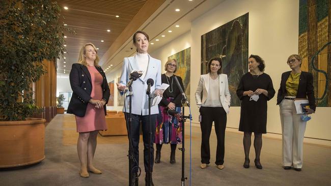 Teal MPs Sophie Scamps, Kylea Tink, Zali Steggall, Zoe Daniel, Allegra Spender and Monique Ryan at Parliament House in Canberra. Picture: Gary Ramage/NewsWire